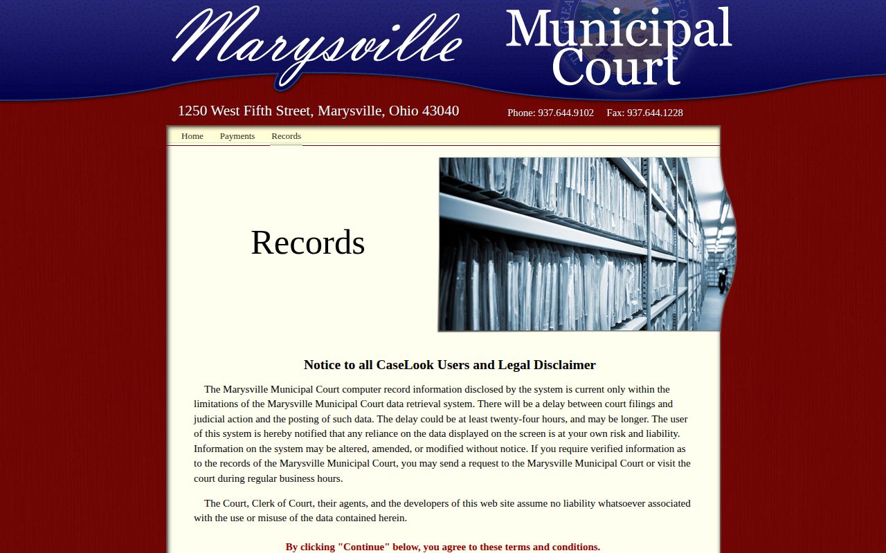 Marysville Municipal Court record search for Union County booking case verification